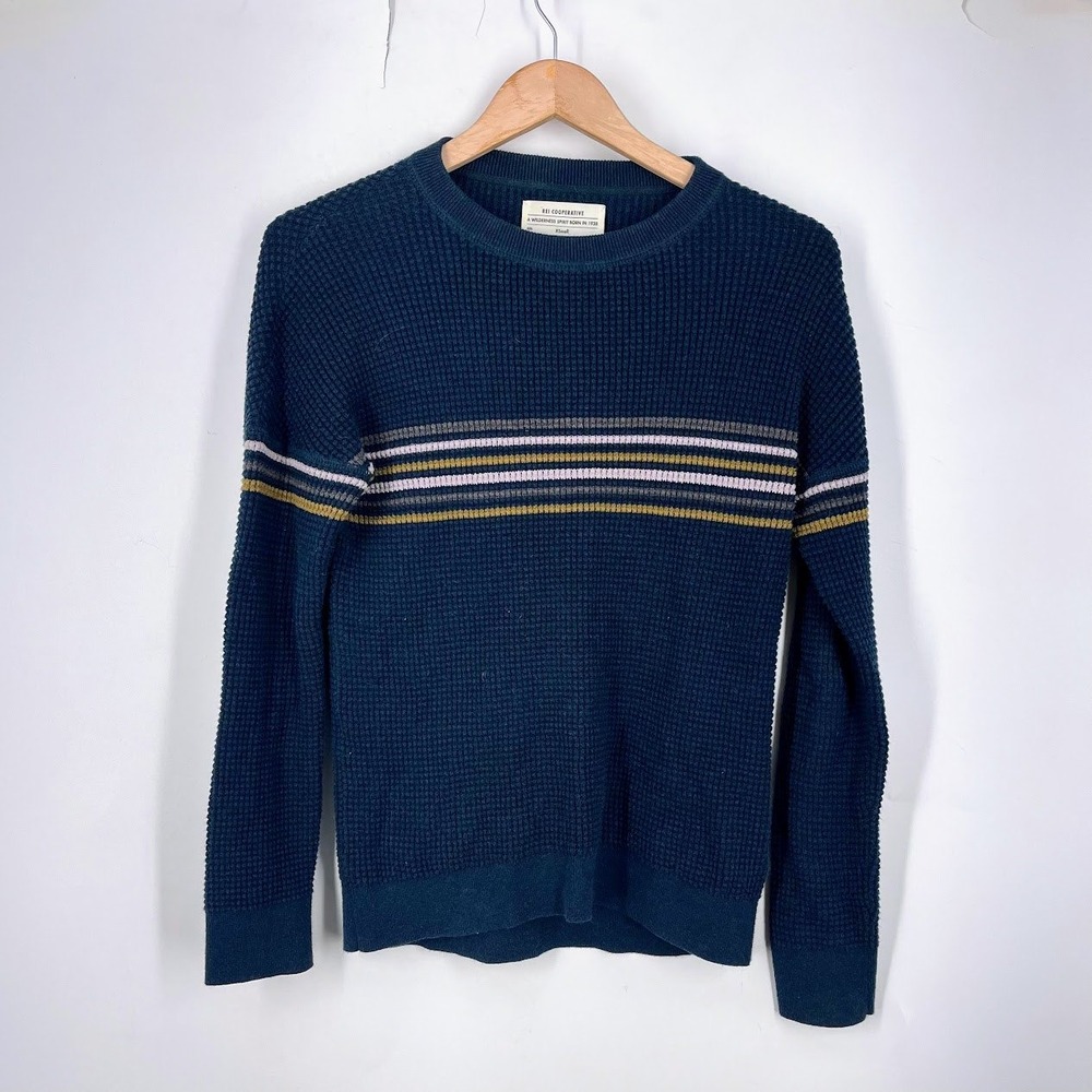 REI Co-op Womens Navy Blue Waffle Knit Organic Cotton Striped Sweater XS